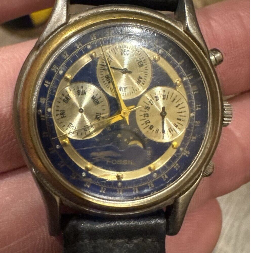 Vintage? FOSSIL CHRONOGRAPH MOON-PHASE Wrist Watch BQ-8483 Rare Untested - BUB